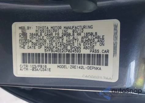 2012 Toyota Corolla Le from USA, damaged, VIN 5YFBU4EE2CP024593